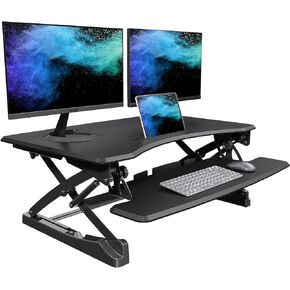 محول مكتب قائم من Joy Seeker بارتفاع 35 بوصة وقابل للتعديل للجلوس والوقوف على سطح المكتب مع نوابض غازية مزدوجة مع صينية لوحة مفاتيح واسعة لأجهزة الكمبيوتر المحمولة ومحطة عمل مزدوجة للشاشة، أسود in Kuwait