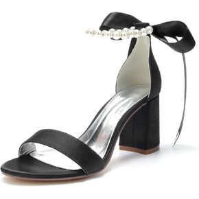 Chunky Block Heels for Women High Heel with Pearls Ankle Strap Wedding Shoes Open Toe Heels Dressy Pumps Sandals