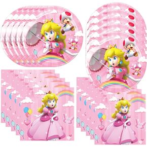 40Pack Princess Peach birthday Party Supplies include 20 plates, 20 napkins for the Princess Peach party decoration