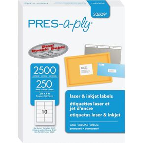 Pres-a-ply Laser Label, 2 x 4 Inches, White, Box of 2500 (30609)
