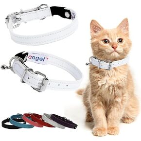 Angel Pet Supplies Leather Cat Collar w Safety Elastic Stretch, 12" X1/2", White, 100% Genuine Leather (Alpine) Light Weight, Riveted Settings, for Neck Size:8.75"-10.75"