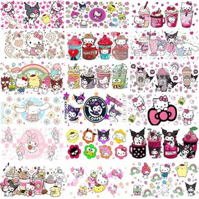 UV DTF Glass Cups Wrap Transfers Stickers 20 Sheet Cute Cartoon Clear Film Anime Waterproof Rub on Transfers Decals for 16OZ Glass Cups Furniture Wood DIY Crafts Vintage
