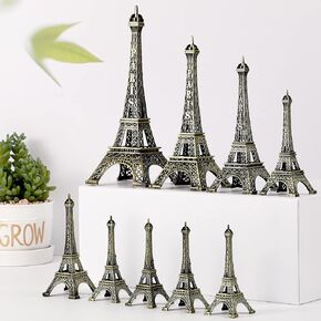 9 Pcs Eiffel Tower Statue Decor Alloy Metal Paris Eiffel Tower Party Decoration 5 Size Eiffel Tower Decor French Table Stand Holder Gift for Cake Topper Collectible Figurine Replica Home (Bronze)