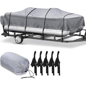 غطاء قارب عائم عالي التحمل، 600D 100% مقاوم للماء من البوليستر البحري، 12 شريطًا للإطارات قابل للتعديل (رمادي، الطول: 21'-24' عرض الشعاع: حتى 102 بوصة) in Kuwait