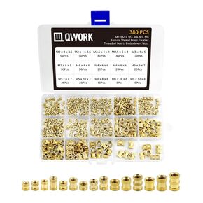 QWORK 380PCS Brass Threaded Inserts Female Thread Knurled Nuts, M2 M2.5 M3 M4 M5 M6 Embedment Nuts Assortment Kit for Plastic Parts 3D Printing Parts by Heat or Ultrasonic