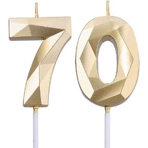 2 inch Gold 70 Birthday Candles, 3D Diamond Number 70 Cake Topper for Men Women Birthday Party Decorations Theme Party