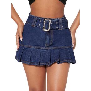 WDIRARA Women's Petite High Waisted Pleated A Line Belted Ruffle Y2k Denim Mini Skirt