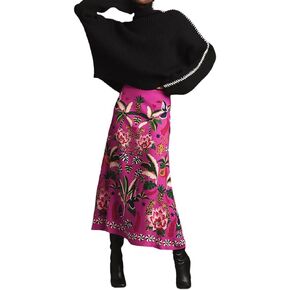 THLAI Womens Skirt Midi Skirt Tropical Plant Print Pink Zipper A-Line Long Skirts Spring Summer Skirt Floral