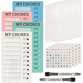 Chores Chart for Kids Multiple Kids, 4pcs Colored Plastic Dry Erase to Do List Chore Chart with 2 Pens 252 Stickers and 10 Detachable Cardstock Routine Chart for Kids for Home School and Offic