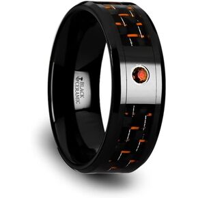 Mens Black Ceramic Black and Orange Carbon Fiber Padparadscha Setting Wedding Ring - Beveled Comfort Fit - 8mm Wide - Style name: HELSING