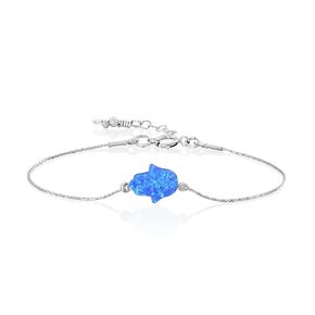 Gold Filled Blue Opal Hamsa Bracelet - Handmade Protection Hand Charm Bracelet Length 6.5 + 1 inch extending (blue, gold filled)