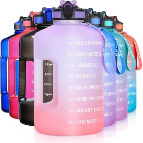 SLUXKE 1 Gallon Water Bottle with Time Marker and Straw, BPA Free 128oz Leak Proof Motivational Large Water Bottle Jug with Handle, Pop Up Open Sports Big Bottle Jug with Comfortable Silicone Nozzle