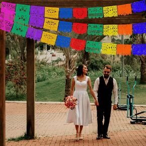 Mexican party banners (pack of 5 with 10 unique PLASTIC flag designs per banner) - WEDDING themed party decorations - Mexican Papel Picado for Mexican decorations MULTICOLOR