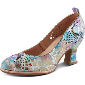 Spring Step L'Artiste Women's ADORAVEL Scalloped Pump - Metallic Leather Upper, Laser Cutouts, Leather-Wrapped Salsa Heel