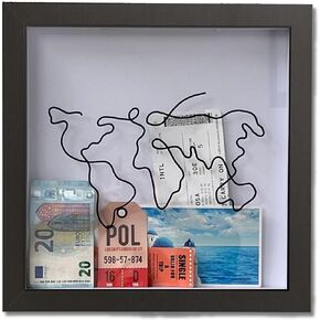 Adventure Archive Box, Travel Shadow Box, Ticket Shadow Box with Slot, 8 x 8Inch Memory Boxes for Keepsakes Display, Ticket Holder with World Map and Plane Design