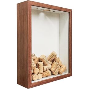 Wood Wine Cork Shadow Box 10.5" x 8.5" Holder Frame, Top Loading Slot for Home & Bar Décor, Free Standing or Wall Mounted Collection Box ，Walnut Color.