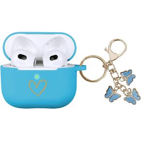 Compatible with AirPods 3 Case Cover 2021, Soft Silicone Case with Gold Heart Pattern for AirPods 3rd Generation Case with Cute Butterfly Keychain for Girls Women (Black)