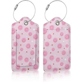 2 Pack Pink Luggage Tag for Suitcases, Groovy Smiley Face Leather Luggage Tag Privacy Cover ID Label for Women Men Travel