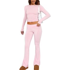 Livtany Women's Yoga Lounge Sets Crew Neck Long Sleeve Crop Tee and Low Rise Flare Pants Tracksuit Slim Fit Two Piece Outfits