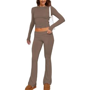 Livtany Women's Yoga Lounge Sets Crew Neck Long Sleeve Crop Tee and Low Rise Flare Pants Tracksuit Slim Fit Two Piece Outfits