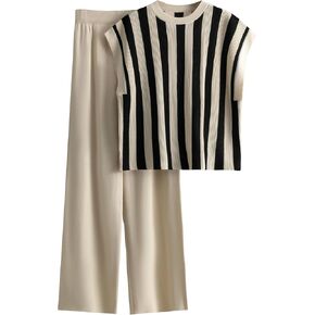 Bianstore Women's 2 Piece Outfits Short Sleeve Knit Pullover Stripe Sweater Top Wide Leg Pants Lounge Sets in Kuwait