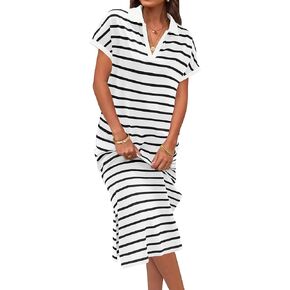 MEROKEETY Women's Summer Striped Short Sleeve Dress V Neck Collared Side Slit Casual Beach Maxi Dresses