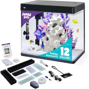 Premium Fish Aquarium Kit, Complete Glass Fish Tanks Set with LED, Filtration System & Set, Hood & Lid, Bubbler Kit, Heater, Thermometer & Net, Ideal for Freshwater/Marine Fish, 7 Gallon