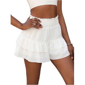RoseSeek Women's Elastic High Waisted Shirred Skort Wide Leg Tiered Layer Ruffle Hem Skirts Shorts