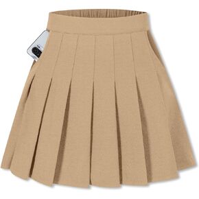 SANGTREE Women Tennis Pleated Skirt with 2 Pockets, High Waisted Elastic Athletic Skirt with Lining Shorts A# Plain-Khaki with 2 Pockets, US M