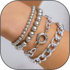 Boho Layered Bead Bracelet Sets for Women Girls,Fashion Dainty 14k Gold Paperclip Cuban Link Chain Stackable Bracelets Silver Adjustable Jewelry Gift