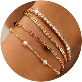 Gold Bracelets for Women,14K Gold Plated Dainty Bracelet Chain Sets Stackable Bracelets for Women Adjustable Bracelet Pack Gifts for Women Girls in Kuwait