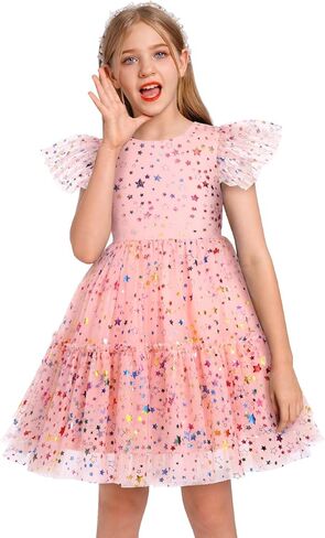 Little Girl Sequin Star Tulle Tutu Dress Toddler Kids Ruffles Sleeve Flower Girl Wedding Party Princess Birthday Dresses in Kuwait