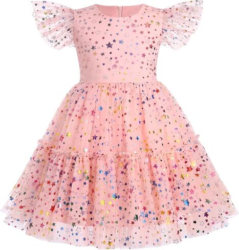 Little Girl Sequin Star Tulle Tutu Dress Toddler Kids Ruffles Sleeve Flower Girl Wedding Party Princess Birthday Dresses in Kuwait