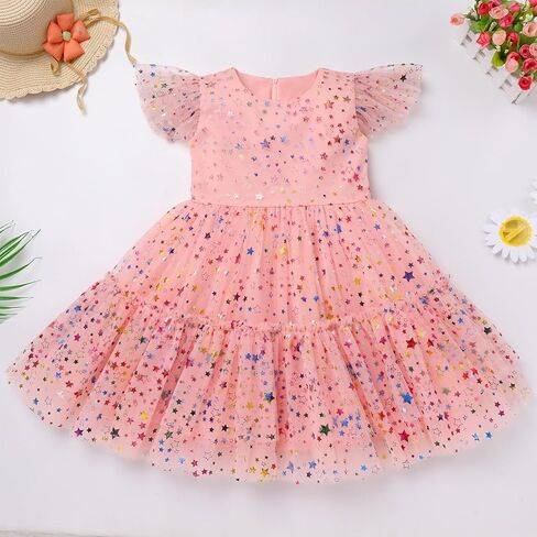 Little Girl Sequin Star Tulle Tutu Dress Toddler Kids Ruffles Sleeve Flower Girl Wedding Party Princess Birthday Dresses in Kuwait