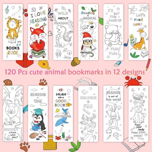 Anseal 60 PCS Color Your Own Bookmarks Bulk, DIY Bookmarks for Kids/Teens, Cute Animal Bookmarks for Reading Lover, 12 Styles Fun & Personalized Bookmark for Students, Classroom Rewards Supplies in Saudi Arabia