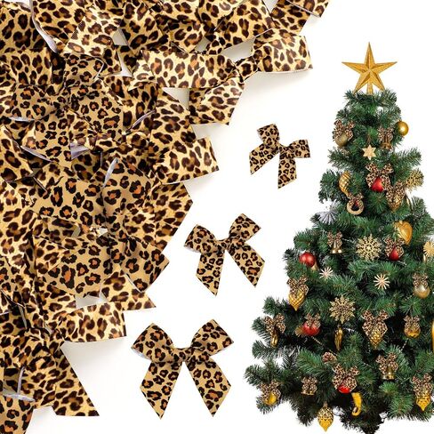 100 Pieces Christmas Leopard Ribbon Bows Mini Animal Print Bows Leopard Cow Print Craft Bows Leopard Ribbon Bows 3 Sizes Craft Bow Knots for DIY Sewing Holiday Xmas Ornament (Dark Leopard Style) in Saudi Arabia