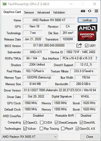 بطاقة رسومات RX 5600 XT، سعة 6 جيجابايت GDDR6 192-bit PCIe 4.0×16 بطاقة فيديو للألعاب 1080p 2K وحدة معالجة الرسومات لسطح المكتب in Kuwait