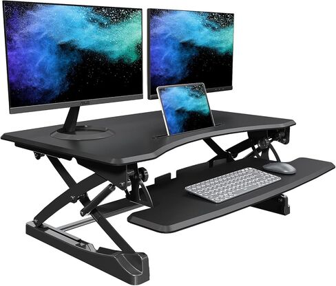 محول مكتب قائم من Joy Seeker بارتفاع 35 بوصة وقابل للتعديل للجلوس والوقوف على سطح المكتب مع نوابض غازية مزدوجة مع صينية لوحة مفاتيح واسعة لأجهزة الكمبيوتر المحمولة ومحطة عمل مزدوجة للشاشة، أسود in Kuwait