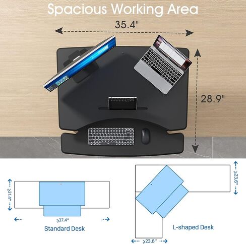 محول مكتب قائم من Joy Seeker بارتفاع 35 بوصة وقابل للتعديل للجلوس والوقوف على سطح المكتب مع نوابض غازية مزدوجة مع صينية لوحة مفاتيح واسعة لأجهزة الكمبيوتر المحمولة ومحطة عمل مزدوجة للشاشة، أسود in Kuwait