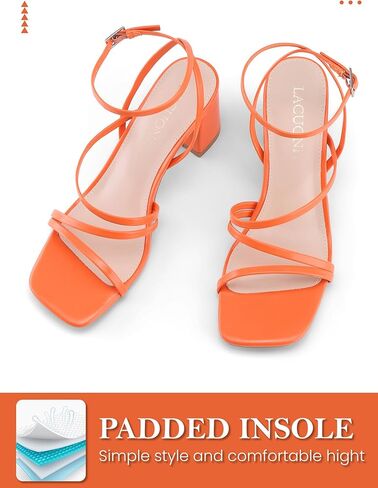 صنادل LACUONE بكعب بأشرطة للنساء بكعب عريض ومقدمة مربعة وإبزيم للكاحل وكعب عالٍ (8، برتقالي) in Kuwait