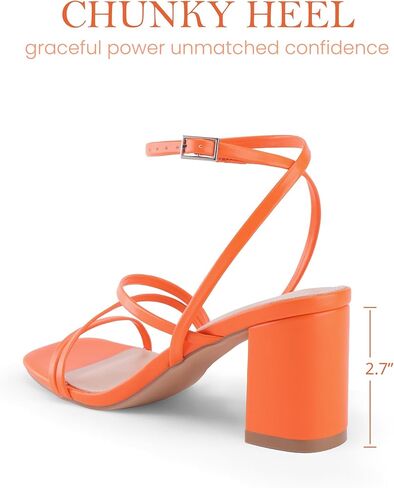 صنادل LACUONE بكعب بأشرطة للنساء بكعب عريض ومقدمة مربعة وإبزيم للكاحل وكعب عالٍ (8، برتقالي) in Kuwait