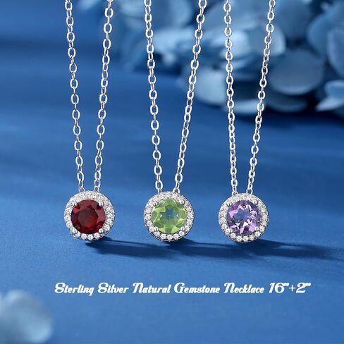 925 Sterling Silver Natural Garnet/Amethyst/Peridot/Citrine/Sky Blue Topaz Pendant Necklace for Women, Birthstone Necklace White Gold 16"+2", Jewelry Gifts for Her in Saudi Arabia