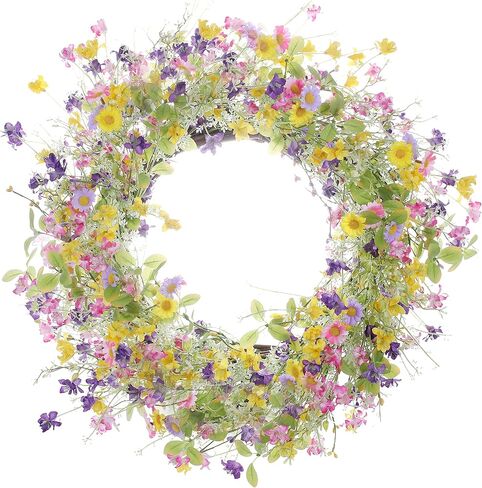 Artificial Daisy Wreath,22 Inch Spring Wreath Colorful Summer Wreath Floral Wreaths with Green Eucalyptus Leaves for Front Door Wall Window Decor and Spring Summer Holiday Decor(Multicolor) in Saudi Arabia