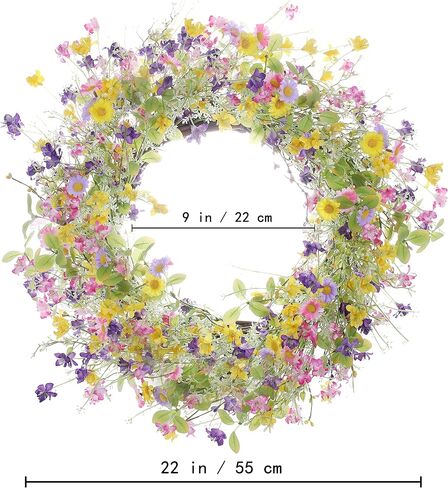 Artificial Daisy Wreath,22 Inch Spring Wreath Colorful Summer Wreath Floral Wreaths with Green Eucalyptus Leaves for Front Door Wall Window Decor and Spring Summer Holiday Decor(Multicolor) in Saudi Arabia