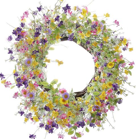 Artificial Daisy Wreath,22 Inch Spring Wreath Colorful Summer Wreath Floral Wreaths with Green Eucalyptus Leaves for Front Door Wall Window Decor and Spring Summer Holiday Decor(Multicolor) in Saudi Arabia
