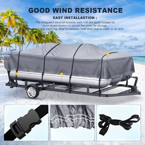 غطاء قارب عائم عالي التحمل، 600D 100% مقاوم للماء من البوليستر البحري، 12 شريطًا للإطارات قابل للتعديل (رمادي، الطول: 21'-24' عرض الشعاع: حتى 102 بوصة) in Kuwait