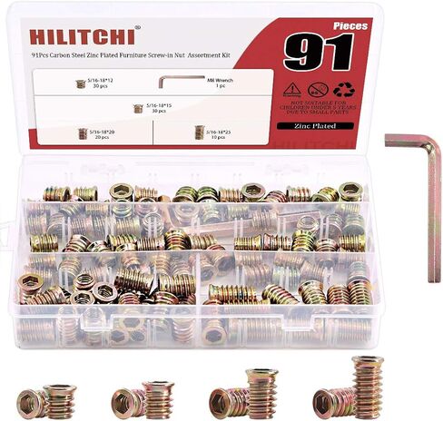 Hilitchi 90Pcs Furniture Screw in Nut Threaded Wood Inserts Bolt Fastener Connector Hex Socket Drive Insert Nuts for Wood Furniture with Bonus Hex Spanner (5/16"-18) in Saudi Arabia