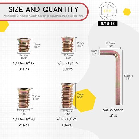 Hilitchi 90Pcs Furniture Screw in Nut Threaded Wood Inserts Bolt Fastener Connector Hex Socket Drive Insert Nuts for Wood Furniture with Bonus Hex Spanner (5/16"-18) in Saudi Arabia