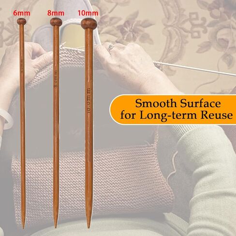 MARRTEUM 6 Pieces Bamboo Knitting Needles Set Single Point Knitting Needles 10 inch Length Knitting Supplies for Handmade DIY Knitting (3 Sizes, 6mm 8mm 10mm) in Saudi Arabia