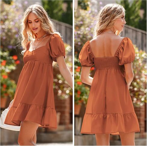 BELONGSCI Women's 2024 Summer Dress,Square & Sweetheart Neck Dress Short Puff Sleeve A-Line Casual Mini Dress in Saudi Arabia